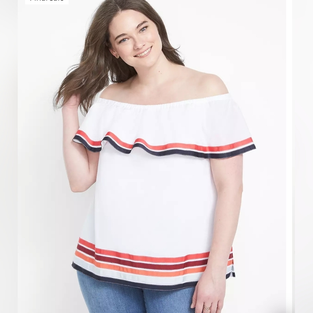 Off-Shoulder White Top with Red and Black Stripes